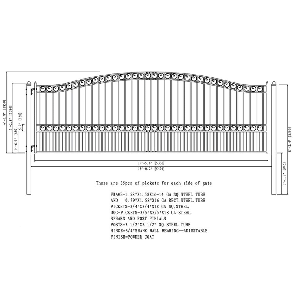 Paris Style Heavy-Duty Galvanized Steel Single Swing Driveway Gate (SAK78643) - Saksby Wholesale - 18FT Dimensions