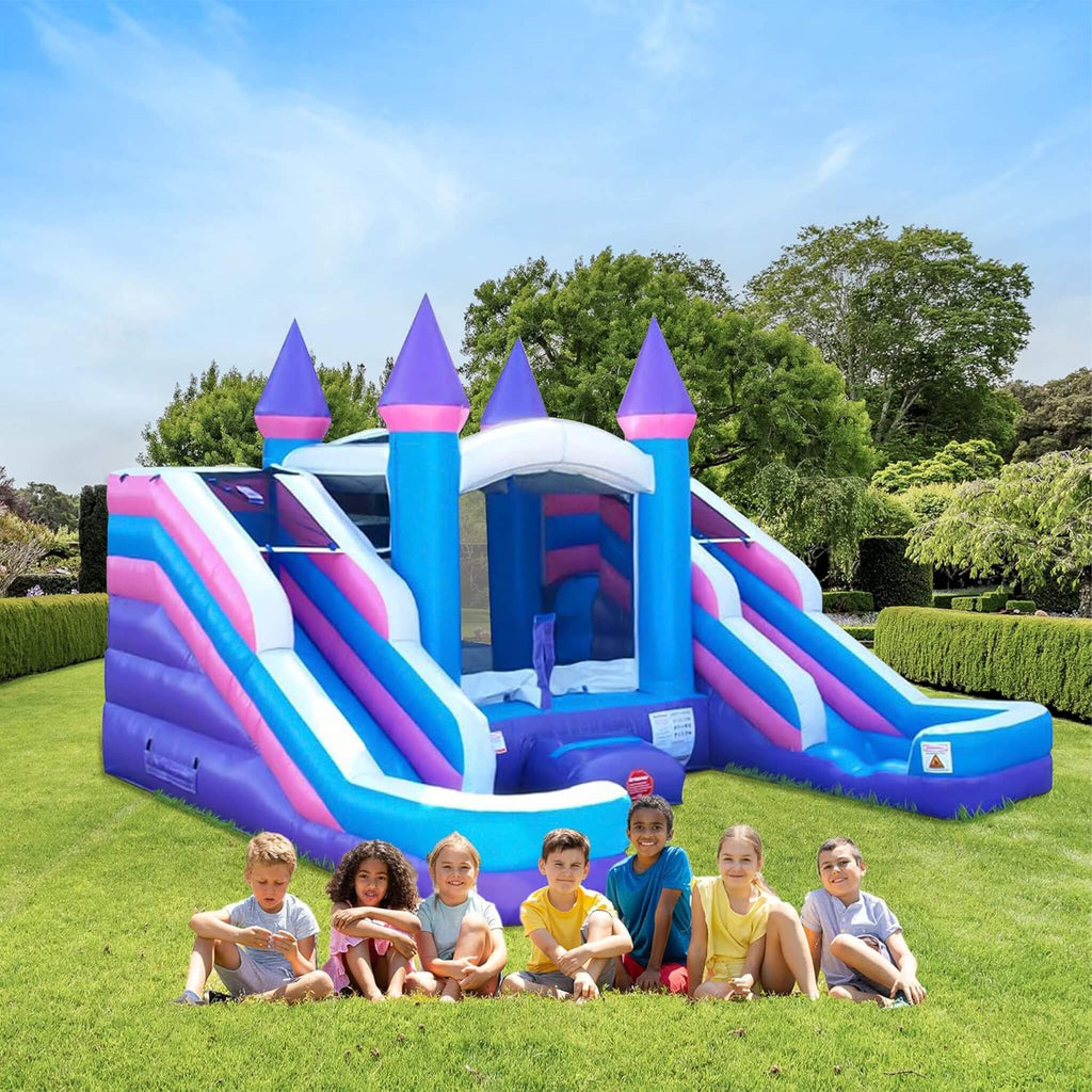 Pink Castle Bounce House Combo With Double Water Slide (SAK84027) - Saksby Wholesale - Lifestyle Image With Kids