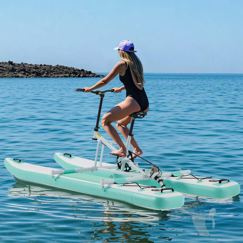 Portable Inflatable Water Marine Pedal Bike With Accessories (SAK61284) Saksby - Lifestyle With Woman Riding