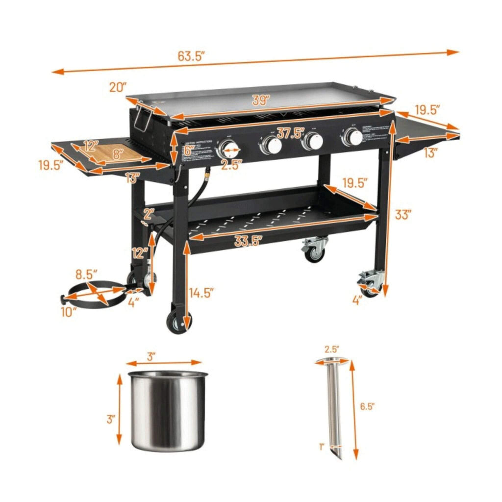 Portable Outdoor 4 Burner Propane Flat Top Gas Grill W/ Wheels, 60K BTU (SAK66104) - Saksby Wholesale - Dimensions View
