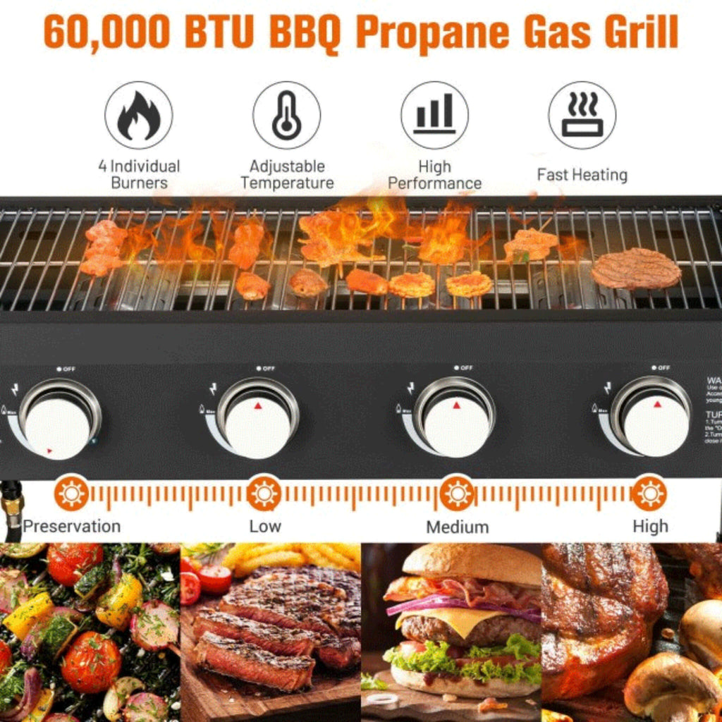 Portable Outdoor 4 Burner Propane Flat Top Gas Grill W/ Wheels, 60K BTU (SAK66104) - Saksby Wholesale - Heating Output View