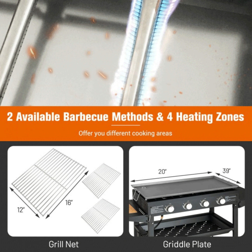 Portable Outdoor 4 Burner Propane Flat Top Gas Grill W/ Wheels, 60K BTU (SAK66104) - Saksby Wholesale - Heating Zones View