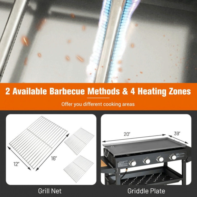 Portable Outdoor 4 Burner Propane Flat Top Gas Grill W/ Wheels, 60K BTU (SAK66104) - Saksby Wholesale - Heating Zones View