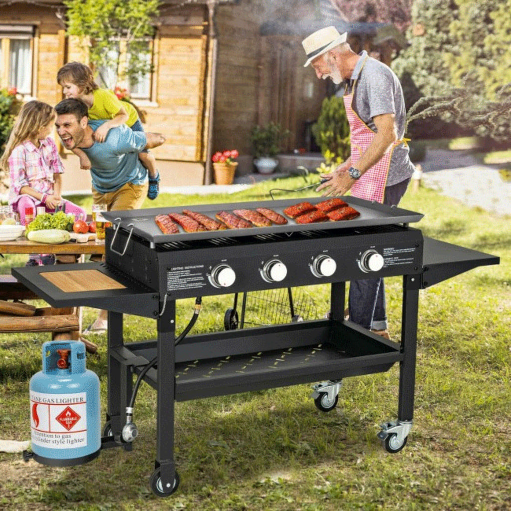 Portable Outdoor 4 Burner Propane Flat Top Gas Grill W/ Wheels, 60K BTU (SAK66104) - Saksby Wholesale - Lifestyle View
