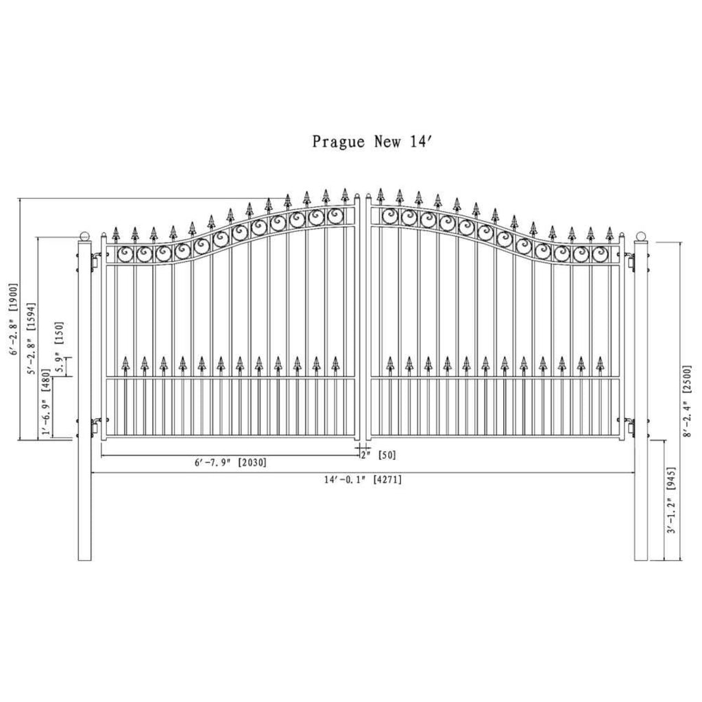 [12-18FT] Prague Powder Coated Galvanized Steel Dual Swing Driveway Gate [DGPRAD-AP] (SAK48530) - Saksby Wholesale - 14feet Dimensions