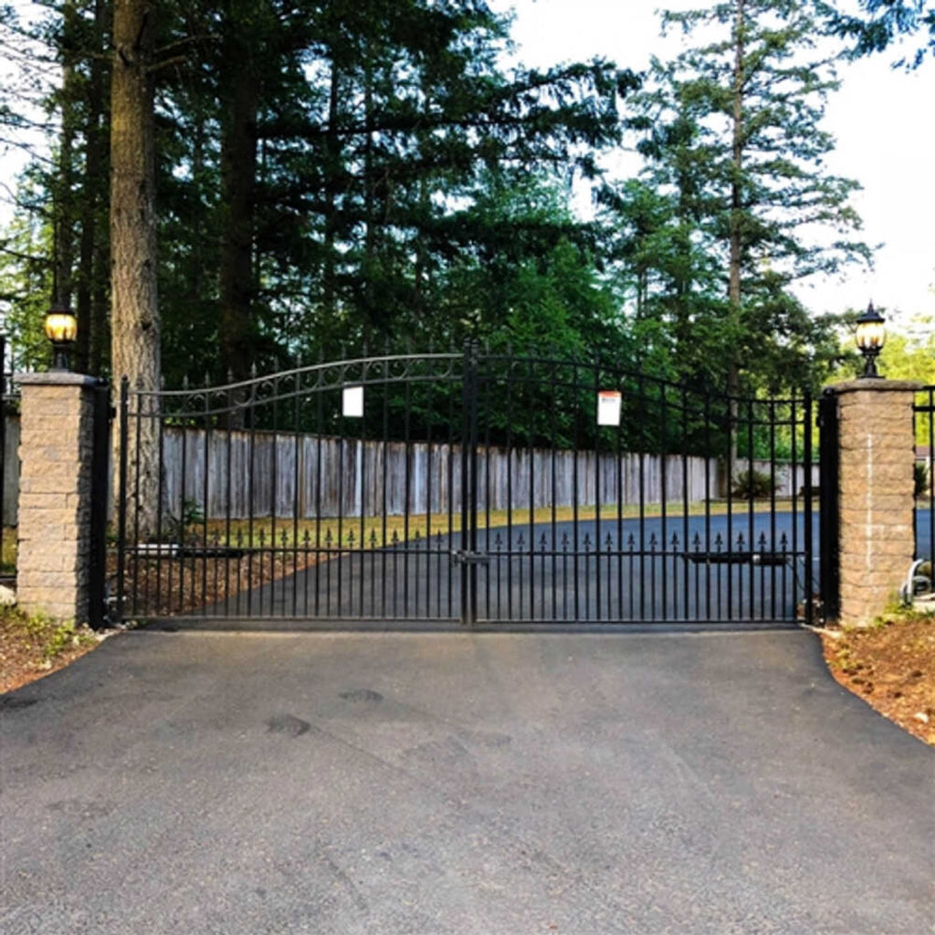[12-18FT] Prague Powder Coated Galvanized Steel Dual Swing Driveway Gate [DGPRAD-AP] (SAK48530) - Saksby Wholesale - Installed View