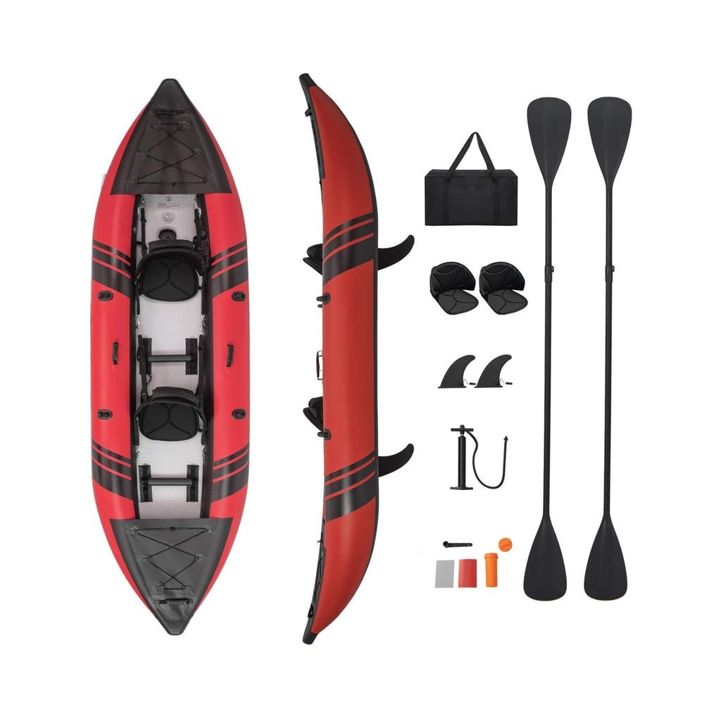 Premium 12FT 2-Person Inflatable Tandem Kayak Kit With Pump And Paddles (SAK94816) - Saksby Wholesale - Color Red With Accessories