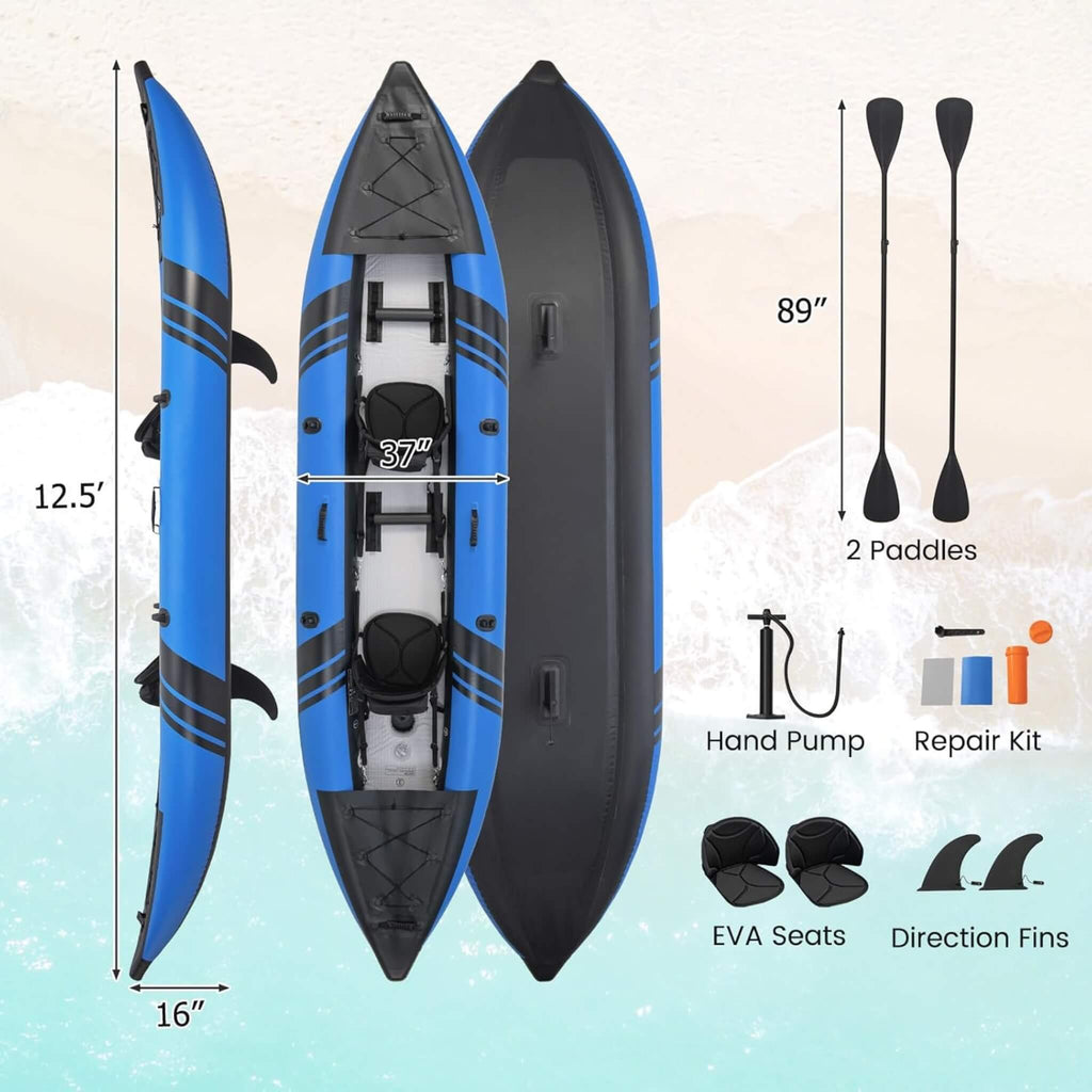 Premium 12FT 2-Person Inflatable Tandem Kayak Kit With Pump And Paddles (SAK94816) - Saksby Wholesale - Dimensions And Accessories