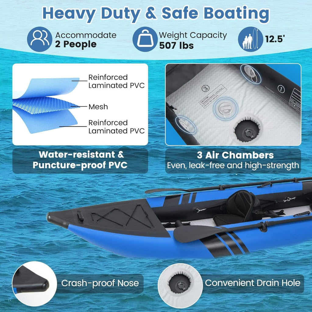 Premium 12FT 2-Person Inflatable Tandem Kayak Kit With Pump And Paddles (SAK94816) - Saksby Wholesale - Features