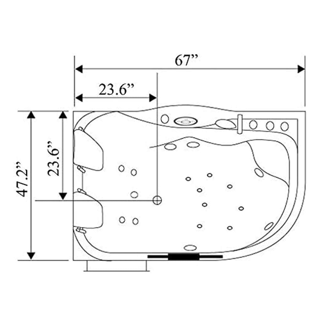67-Inch Premium 2-Person 16-Jet Whirlpool Hydromassage Bathtub (SAK72851) - Saksby Wholesale - Dimensions