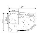 67-Inch Premium 2-Person 16-Jet Whirlpool Hydromassage Bathtub (SAK72851) - Saksby Wholesale - Dimensions
