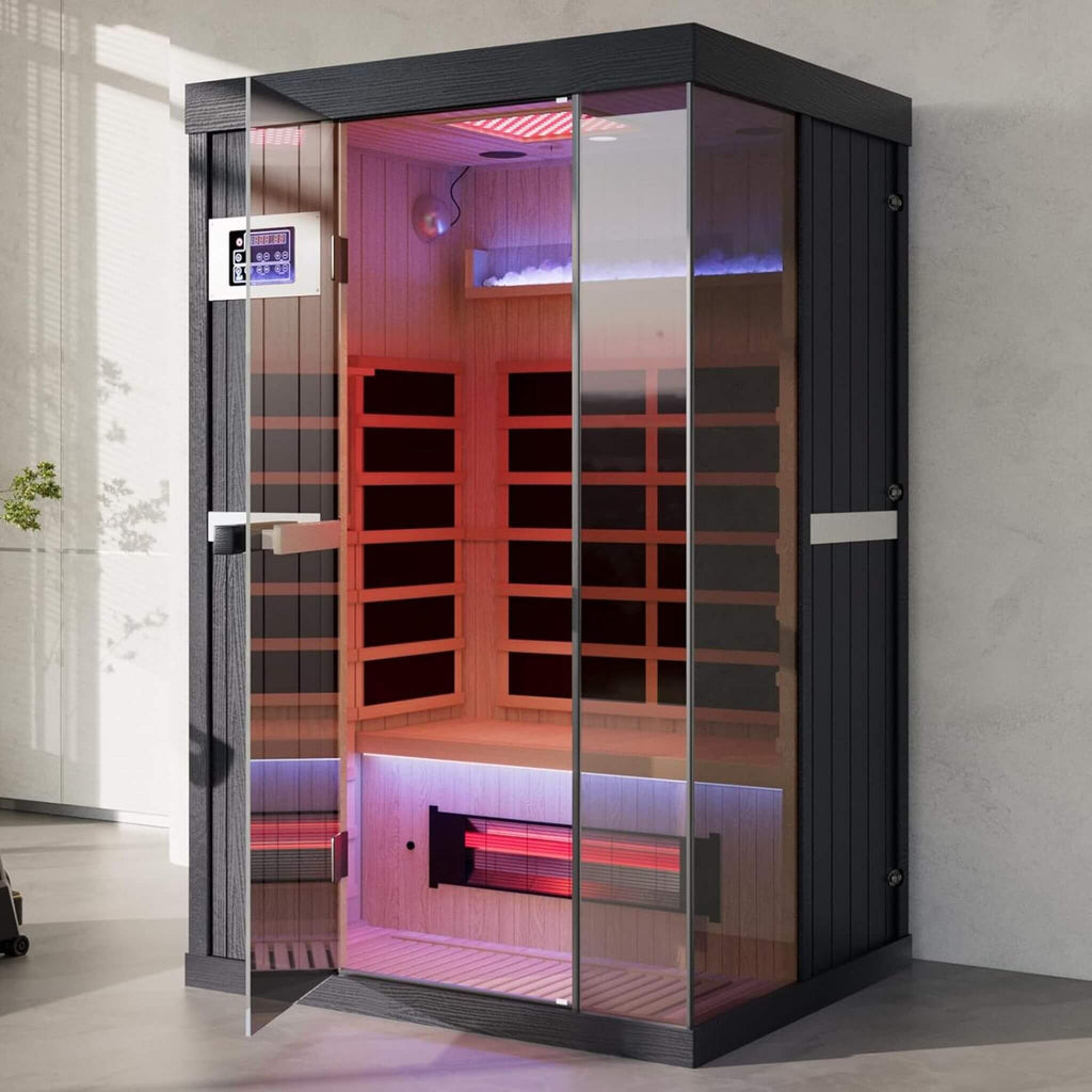 Premium 2-Person Indoor Infrared Sauna With Red Light Therapy And Himalayan Salt Rocks (SAK67305) - Saksby Wholesale - Lifestyle Image Inside The Room