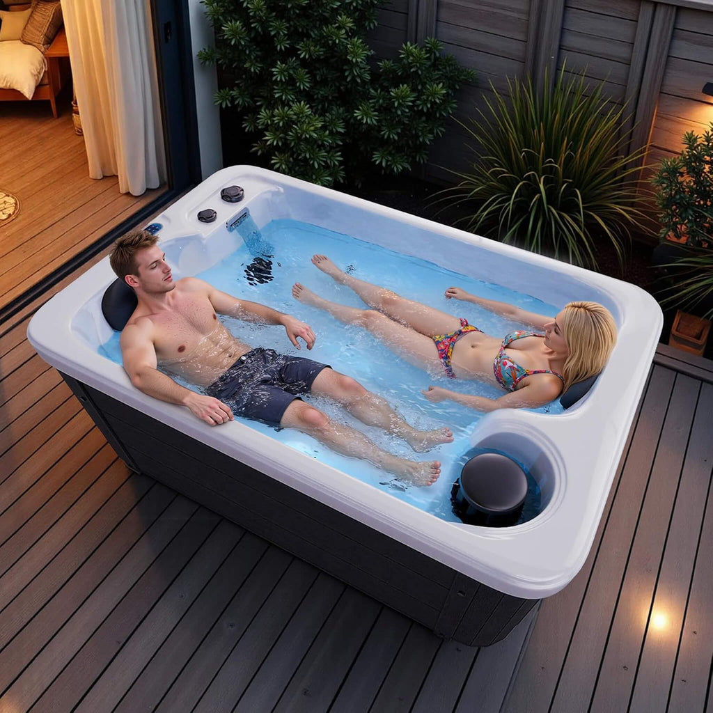 Premium 2-Person Outdoor Hot Tub With 15 Stainless Steel Jets (SAK92015) - Lifestyle With Man And Woman Inside