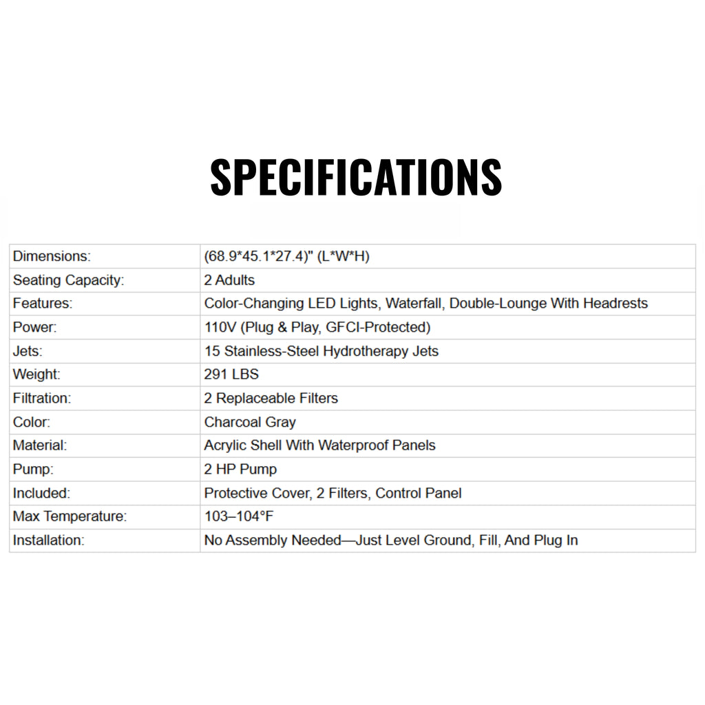 Premium 2-Person Outdoor Hot Tub With 15 Stainless Steel Jets (SAK92015) - Specifications