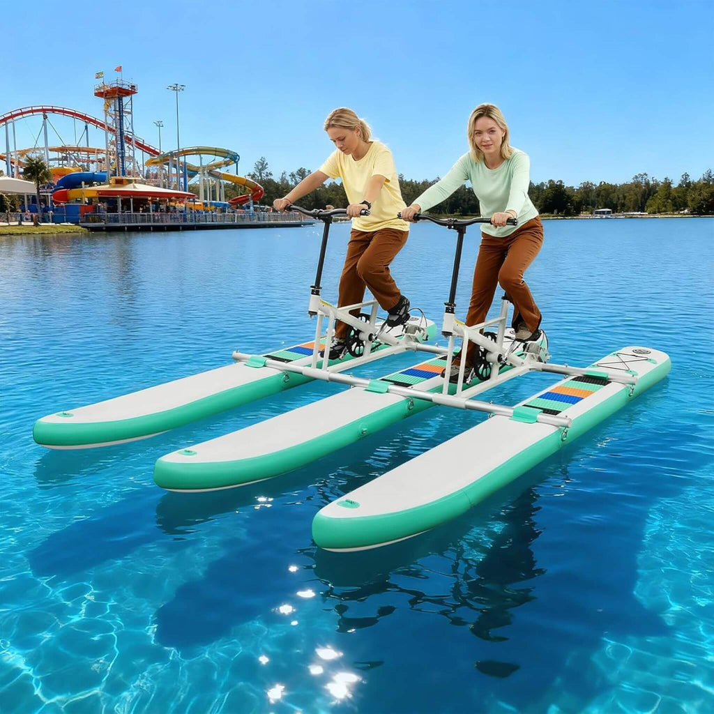 Premium 2-Person Two-Seater Portable Inflatable Pedal Boat Water Bike (SAK95621) - Saksby Wholesale - Lifestyle Image In The Water With Drivers