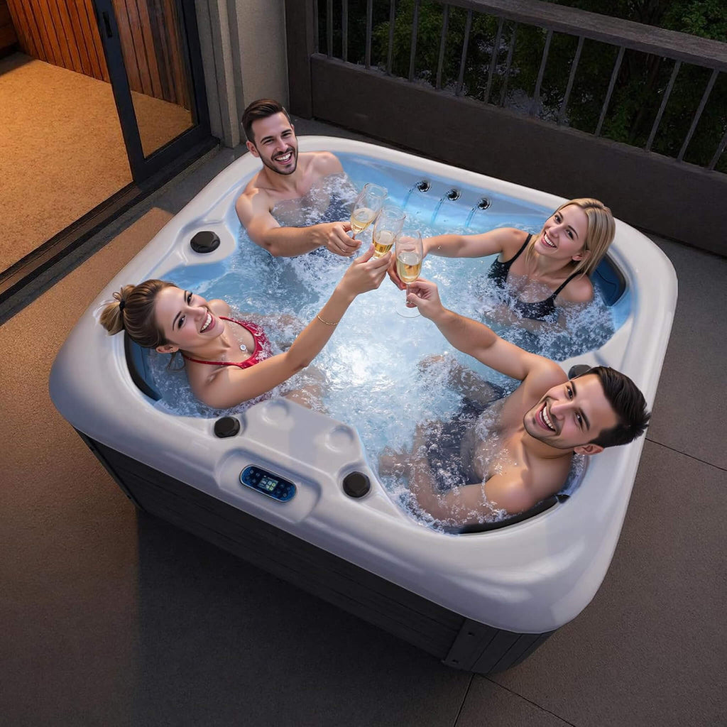 Premium 4-Person Outdoor Hot Tub With 23 Stainless Steel Jets (SAK29185) - Saksby Wholesale - Lifestyle With Men And Women Inside