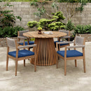 Outdoor Wooden Dining Set With Blue Cushions On A Patio - Saksby Wholesale
