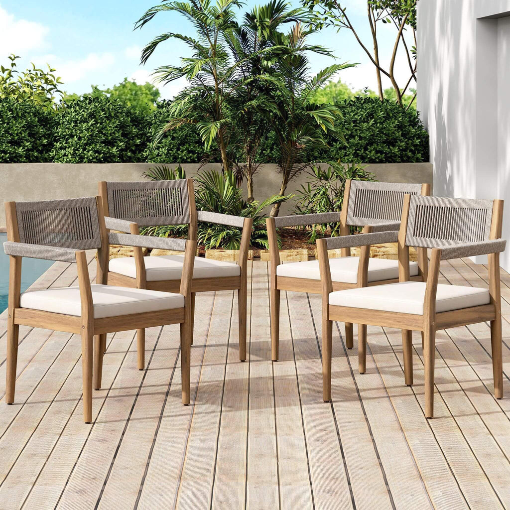 Premium 5-Piece Outdoor Acacia Wood Patio Furniture Set With Braided Dining Chairs, Cushions, And Dining Table (SAK26754) - Saksby Wholesale - 4-Chairs Design
