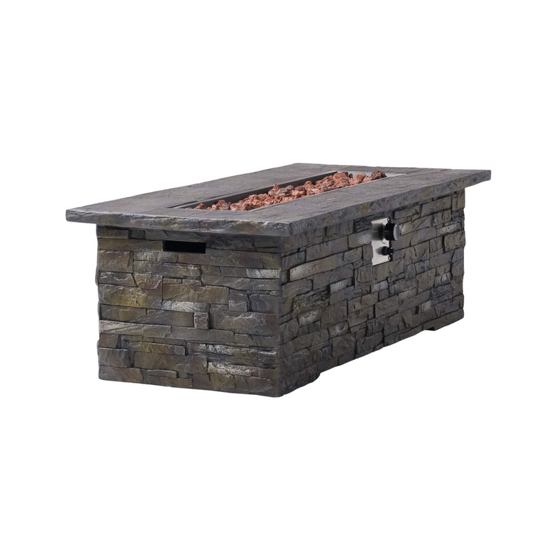 Premium 56" Outdoor Rectangular Concrete Propane Fire Pit With Faux Stone Pattern,50K BTU (SAK31845) - Saksby Wholesale - Front Left View
