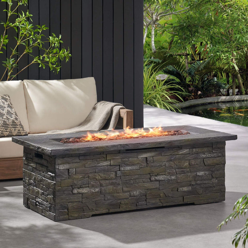 Premium 56" Outdoor Rectangular Concrete Propane Fire Pit With Faux Stone Pattern,50K BTU (SAK31845) - Saksby Wholesale - Lifesyle View