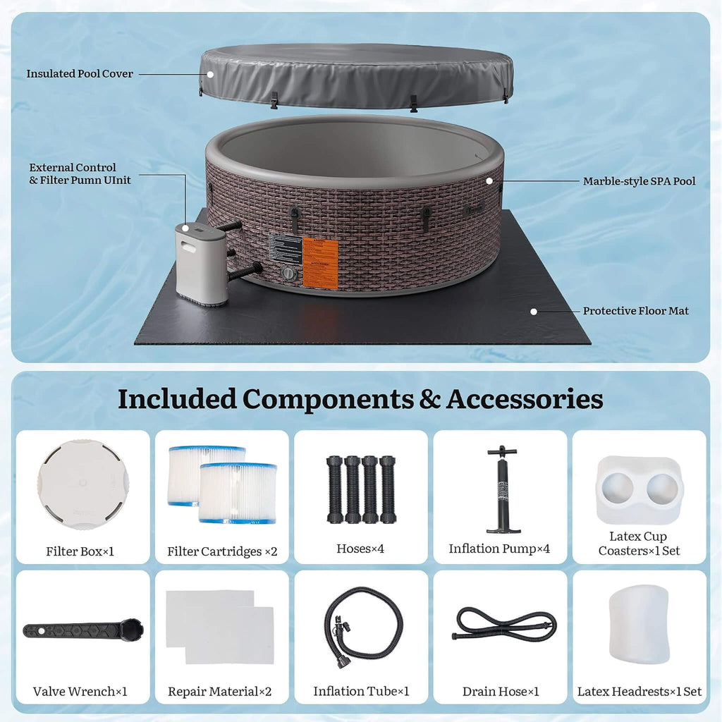 Premium 6-Person Inflatable Drop-Stitch Hot Tub With 180 Massage Jets (SAK87132) - Saksby Wholesale - Included Components And Accessories