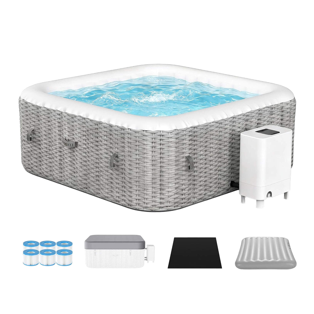 Premium 6-Person Portable Inflatable Hot Tub With 130 Massage Jets And 6 Filter Cartridges (SAK82109) - Saksby Wholesale - Corner View With Accessories