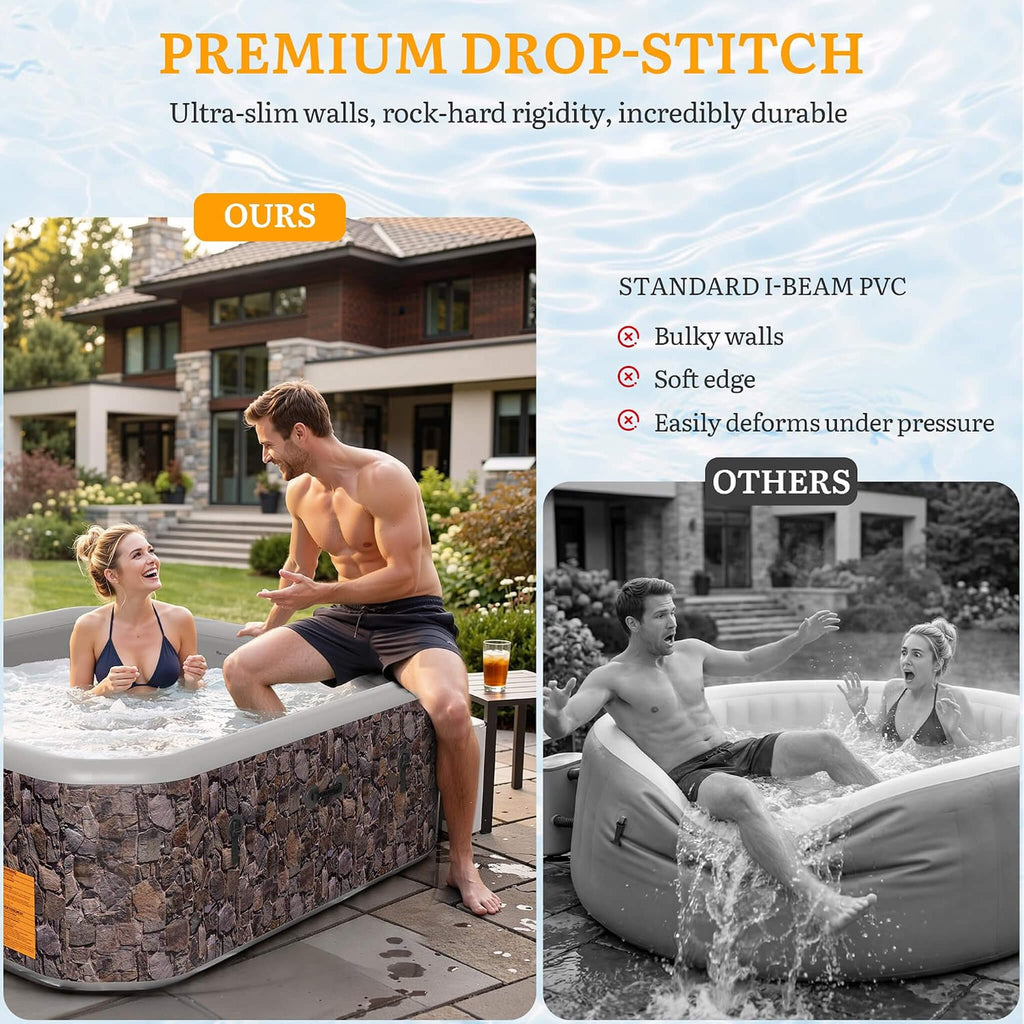 Premium 6-Person Portable Natural Stone Design Inflatable Square Hot Tub With 180 Massage Jets (SAK86251) - Saksby Wholesale - Drop Stitch