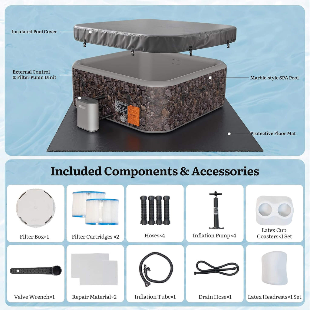 Premium 6-Person Portable Natural Stone Design Inflatable Square Hot Tub With 180 Massage Jets (SAK86251) - Saksby Wholesale - Included Components And Accessories