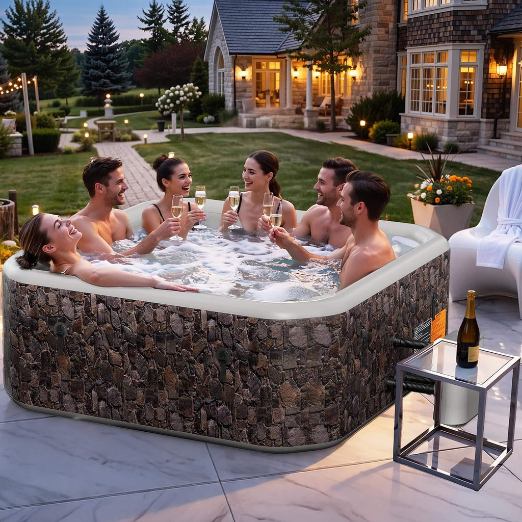 Premium 6-Person Portable Natural Stone Design Inflatable Square Hot Tub With 180 Massage Jets (SAK86251) - Saksby Wholesale - Lifestyle With People Inside