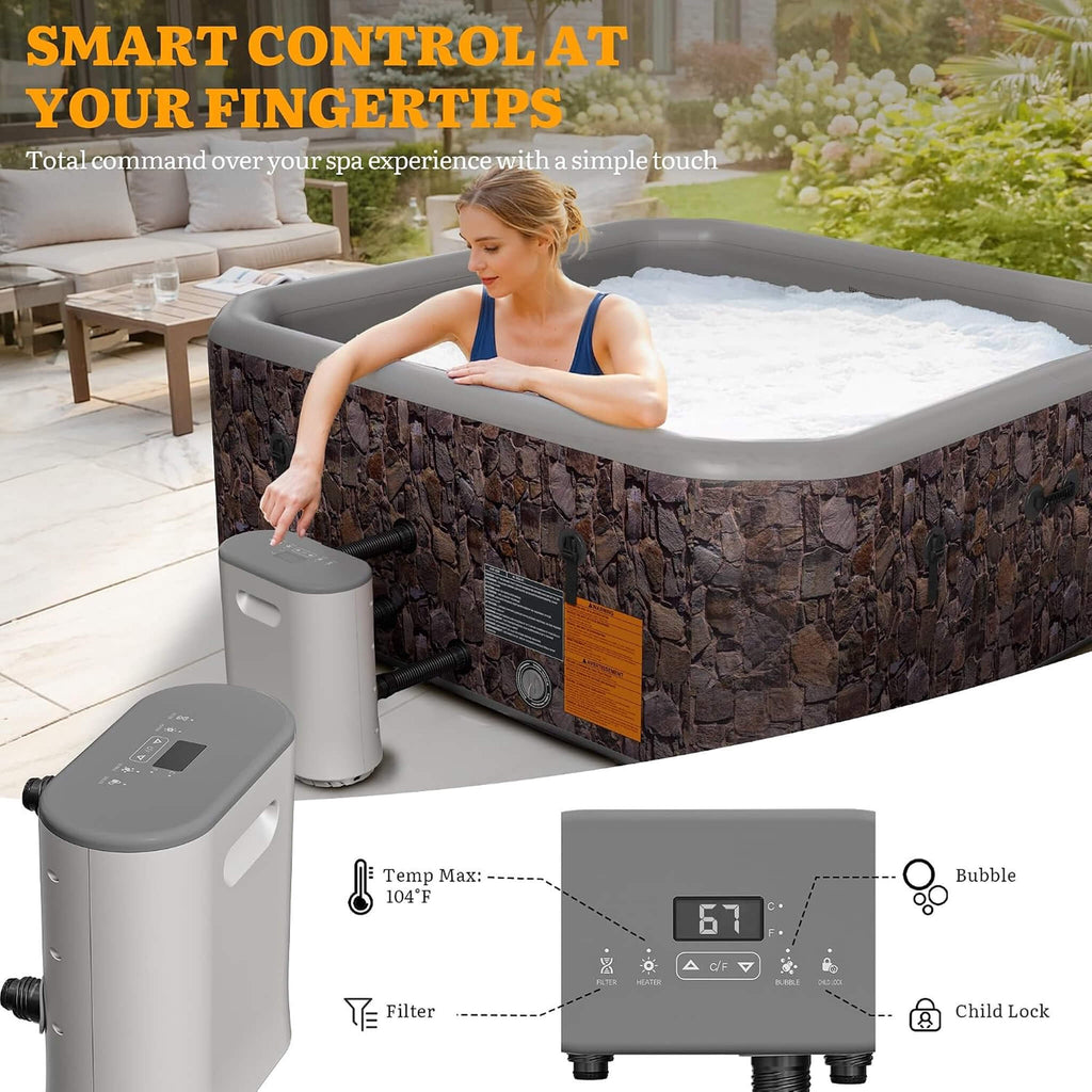 Premium 6-Person Portable Natural Stone Design Inflatable Square Hot Tub With 180 Massage Jets (SAK86251) - Saksby Wholesale - Smart Control