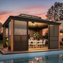 Premium All-Season Outdoor Wood Grain Sunroom With Sliding Doors And Double Top Roof (SAK58317) - Saksby Wholesale - 12X14FT Lifestyle Front Right Bottom View