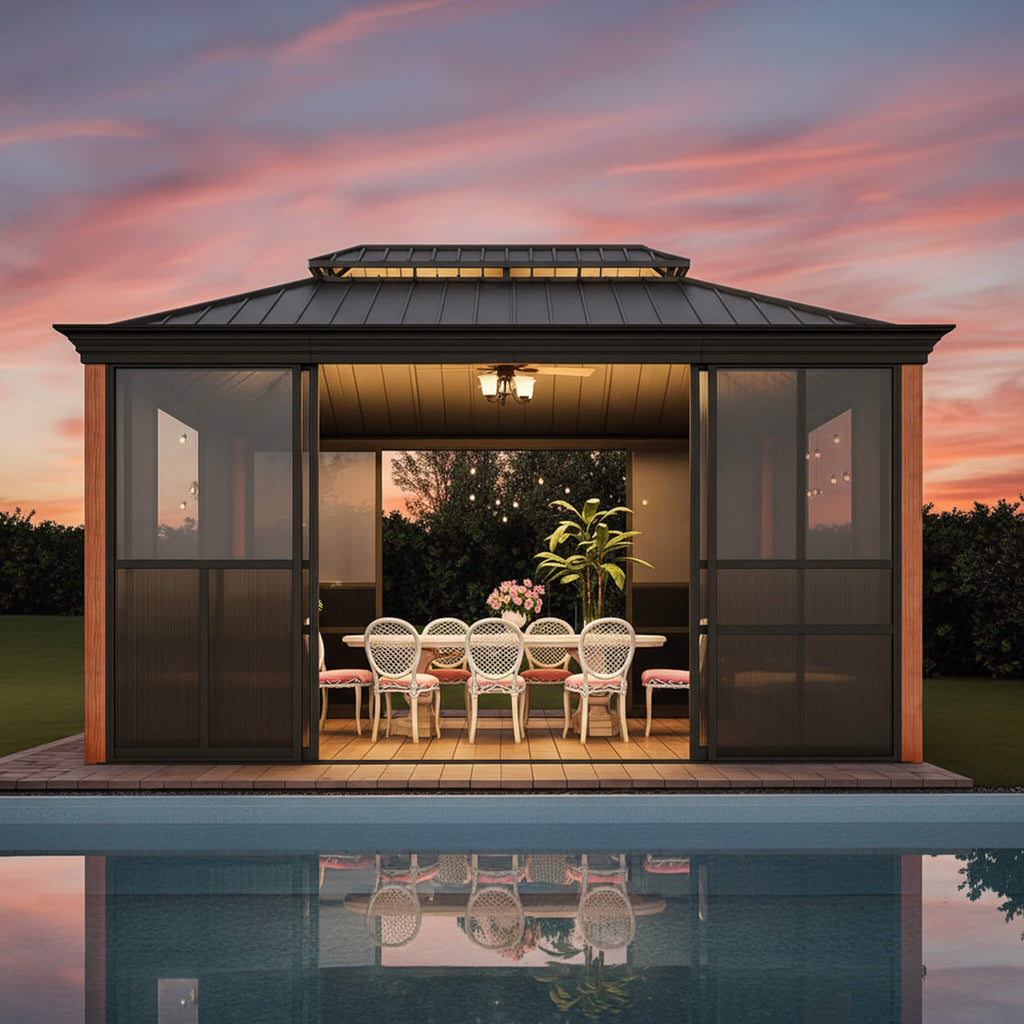 Premium All-Season Outdoor Wood Grain Sunroom With Sliding Doors And Double Top Roof (SAK58317) - Saksby Wholesale - 12X14FT Lifestyle Front View