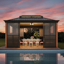 Premium All-Season Outdoor Wood Grain Sunroom With Sliding Doors And Double Top Roof (SAK58317) - Saksby Wholesale - 12X14FT Lifestyle Front View