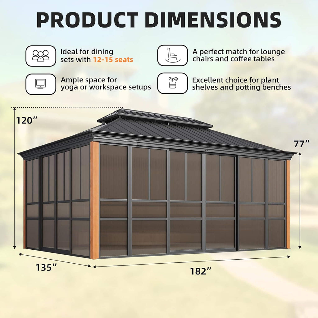Premium All-Season Outdoor Wood Grain Sunroom With Sliding Doors And Double Top Roof (SAK58317) - Saksby Wholesale - 12X16FT Dimensions