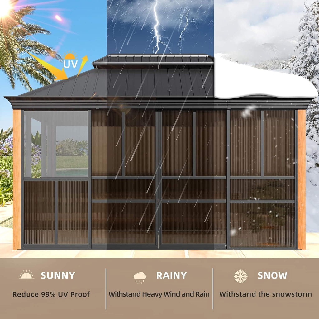 Premium All-Season Outdoor Wood Grain Sunroom With Sliding Doors And Double Top Roof (SAK58317) - Saksby Wholesale - All-Weather Design