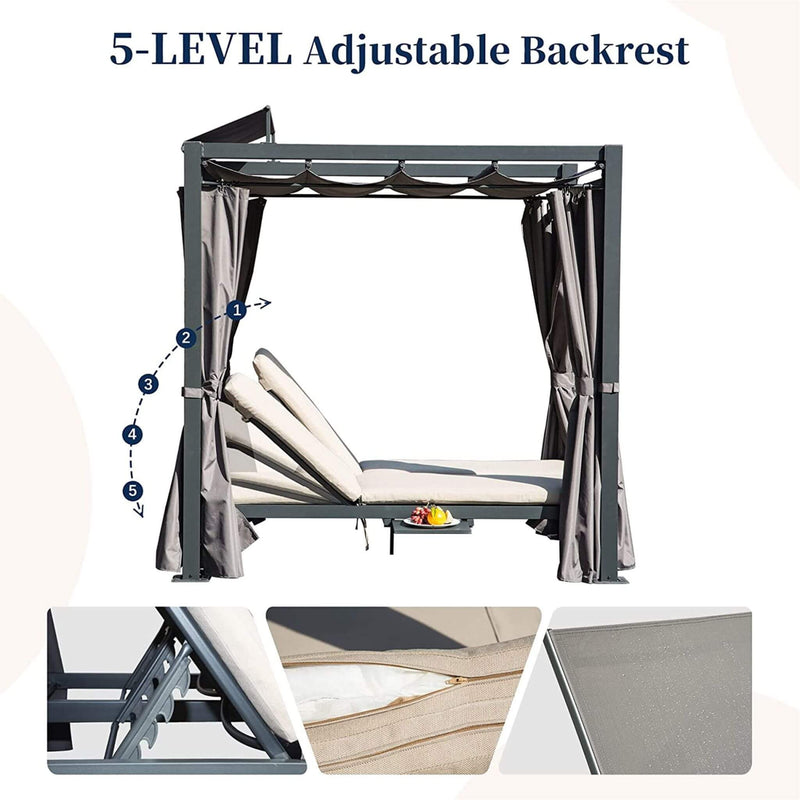 Premium Aluminum Outdoor Patio Daybed With Retractable Canopy And Double Chaise Lounge (SAK17682) - Saksby Wholesale - Adjustable Backrest