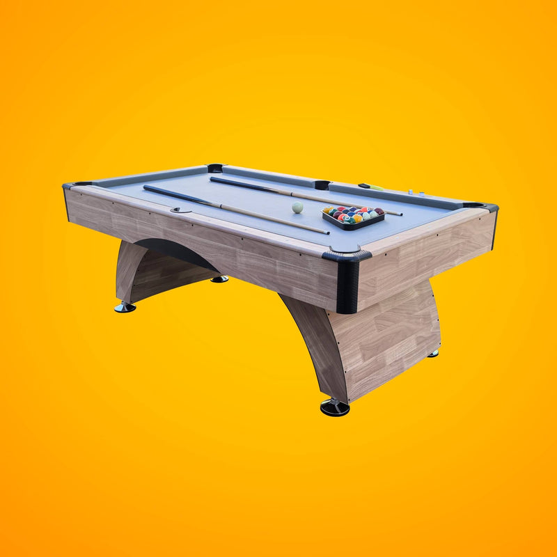 Premium Billiards Pool Wood Table For Home Game Rooms 7ft (SAK14517) Saksby - Corner View With Complete Set On Orange Background