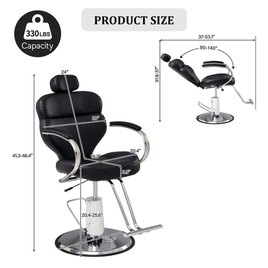 Premium Black PU Leather Reclining Barber Chair With Hydraulic Pump (SAK53892) - Saksby Wholesale - Dimension View