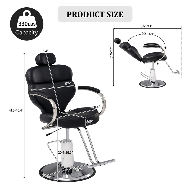 Premium Black PU Leather Reclining Barber Chair With Hydraulic Pump (SAK53892) - Saksby Wholesale - Dimension View