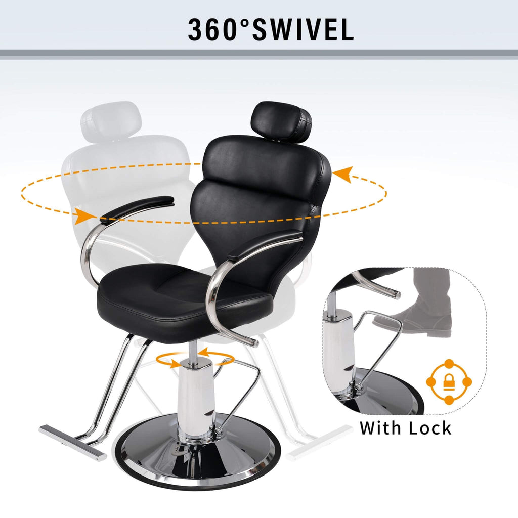 Premium Black PU Leather Reclining Barber Chair With Hydraulic Pump (SAK53892) - Saksby Wholesale - Swivel View