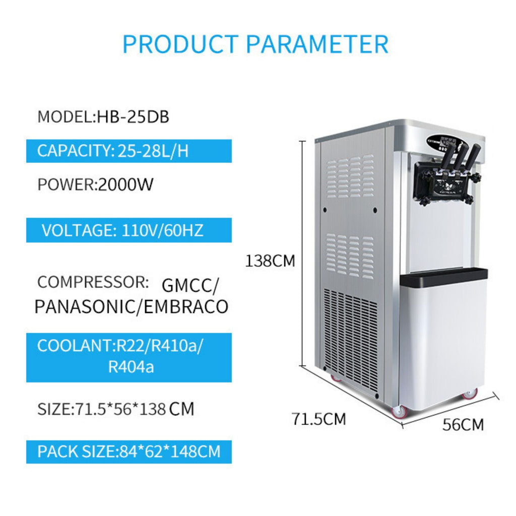 Premium Commercial Vertical 2000W 3-Flavor Soft Ice Cream Machine With Dual 6L Hoppers, 25-30L/H (SAK93406) - Saksby Wholesale - Product Parameter