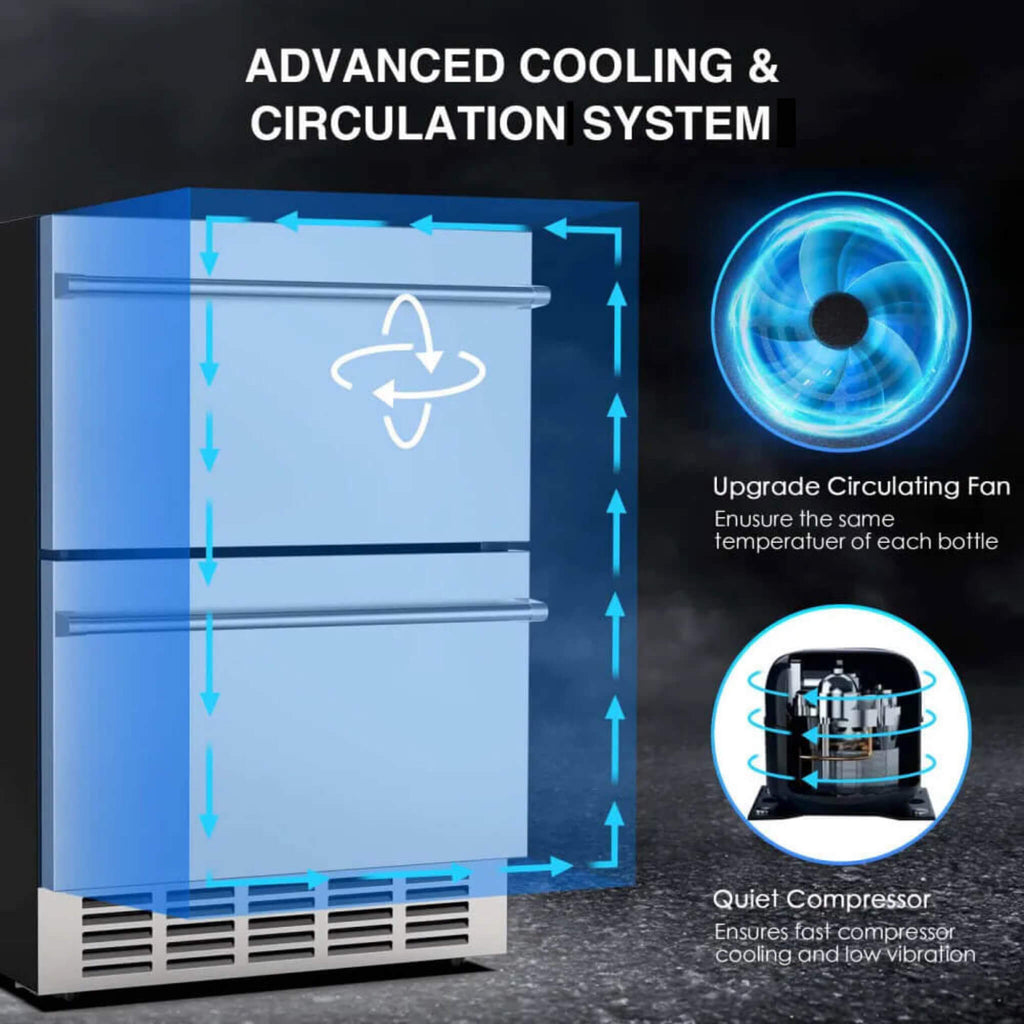Premium Double Drawer Stainless Steel Built-In Wine Beverage Undercounter Refrigerator, 5.3 Cu.Ft. (SAK92576) SAKSBY - Advance Cooling And Circulation System View
