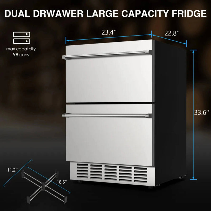 Premium Double Drawer Stainless Steel Built-In Wine Beverage Undercounter Refrigerator, 5.3 Cu.Ft. (SAK92576) SAKSBY - Dimensions View