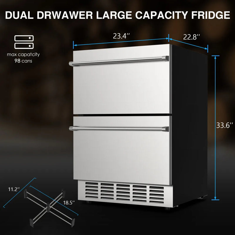 Premium Double Drawer Stainless Steel Built-In Wine Beverage Undercounter Refrigerator, 5.3 Cu.Ft. (SAK92576)