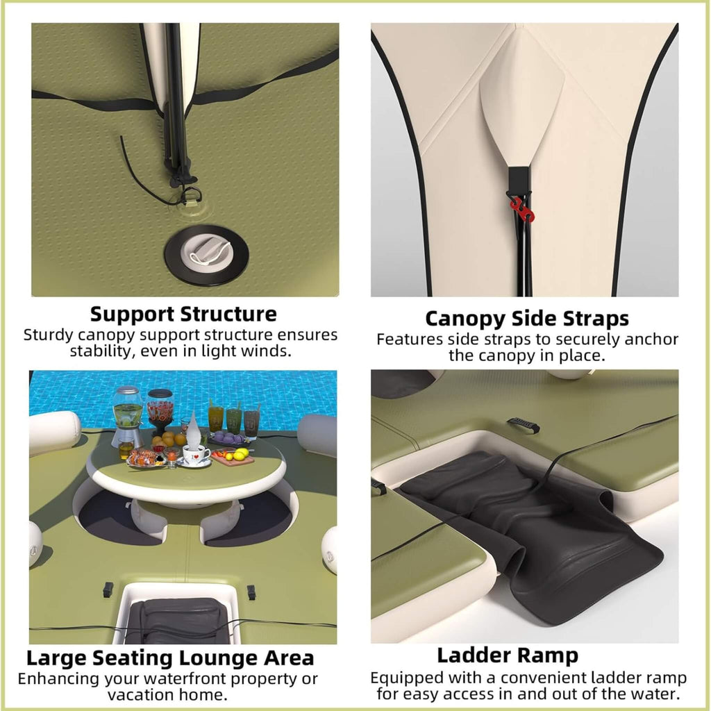 [11X11FT] Premium Floating Dock Lounge With With Ladder, Double Seats, Table, And Canopy (SAK49273) - Saksby Wholesale - Features