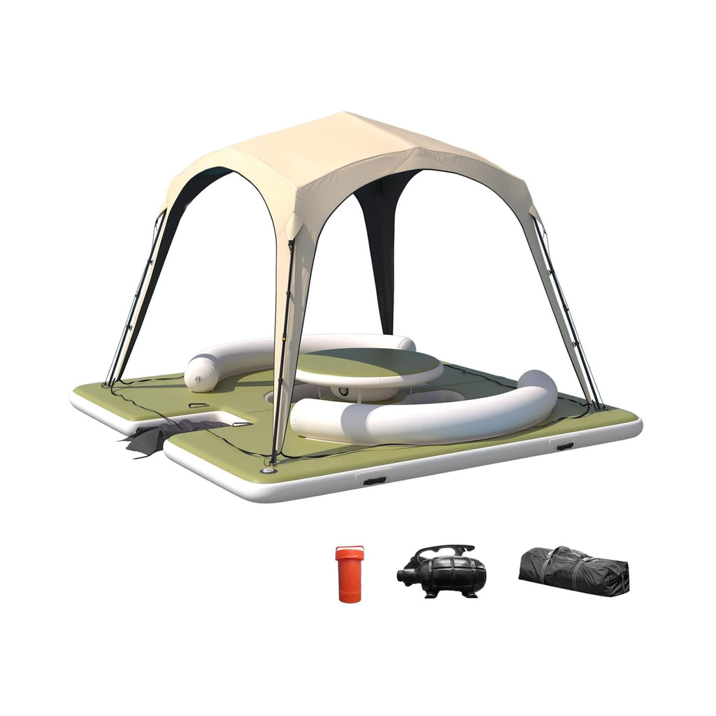 [11X11FT] Premium Floating Dock Lounge With With Ladder, Double Seats, Table, And Canopy (SAK49273) - Saksby Wholesale - Front View With Accessories