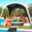 [11X11FT] Premium Floating Dock Lounge With With Ladder, Double Seats, Table, And Canopy (SAK49273) - Saksby Wholesale - Lifestyle Image With 5-Persons