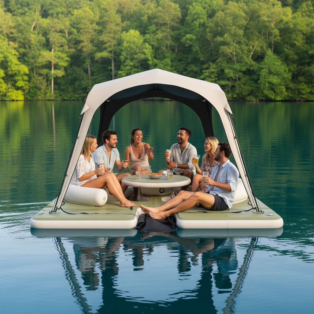 [11X11FT] Premium Floating Dock Lounge With With Ladder, Double Seats, Table, And Canopy (SAK49273) - Saksby Wholesale - Lifestyle With People On Water
