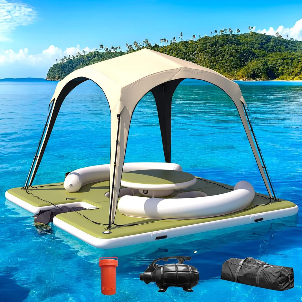 [11X11FT] Premium Floating Dock Lounge With With Ladder, Double Seats, Table, And Canopy (SAK49273) - Saksby Wholesale - Product Preview In Lifestyle Image