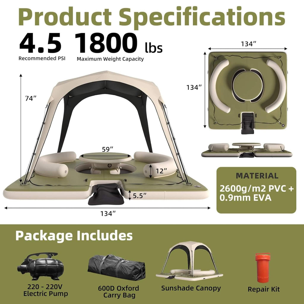 [11X11FT] Premium Floating Dock Lounge With With Ladder, Double Seats, Table, And Canopy (SAK49273) - Saksby Wholesale - Specifications